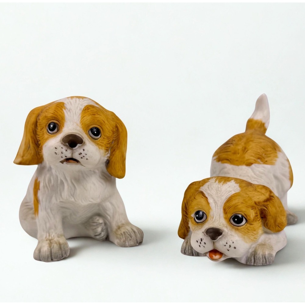 Homco Porcelain Puppy Figurines Set 2 Vintage Spaniel Dogs Tan White 1407 Taiwan